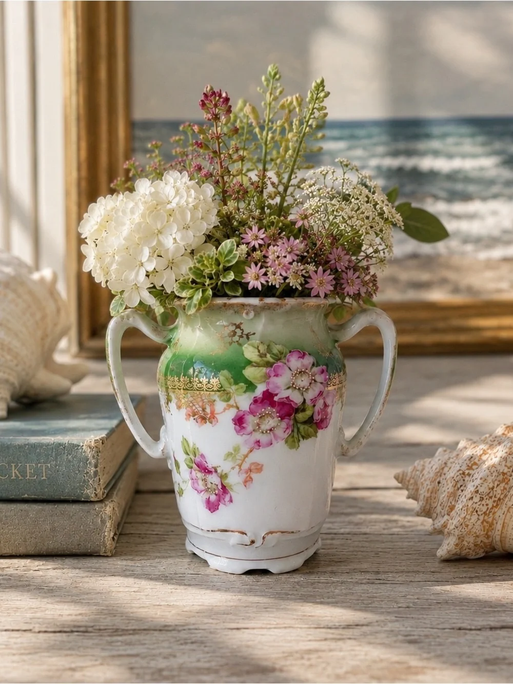 Antique Porcelain Double Handle Vase Green Pink Roses Gold Gilt 5”